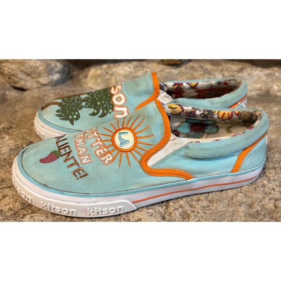 KITSON LA Hotter Than Caliente Aqua Orange Canvas Skater Slip On Shoes 39 or 8.5 - Picture 3 of 6